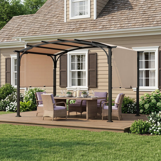 305 x 242 cm Outdoor Retractable Pergola with  Metal Frame and Polyester Fabric-Beige