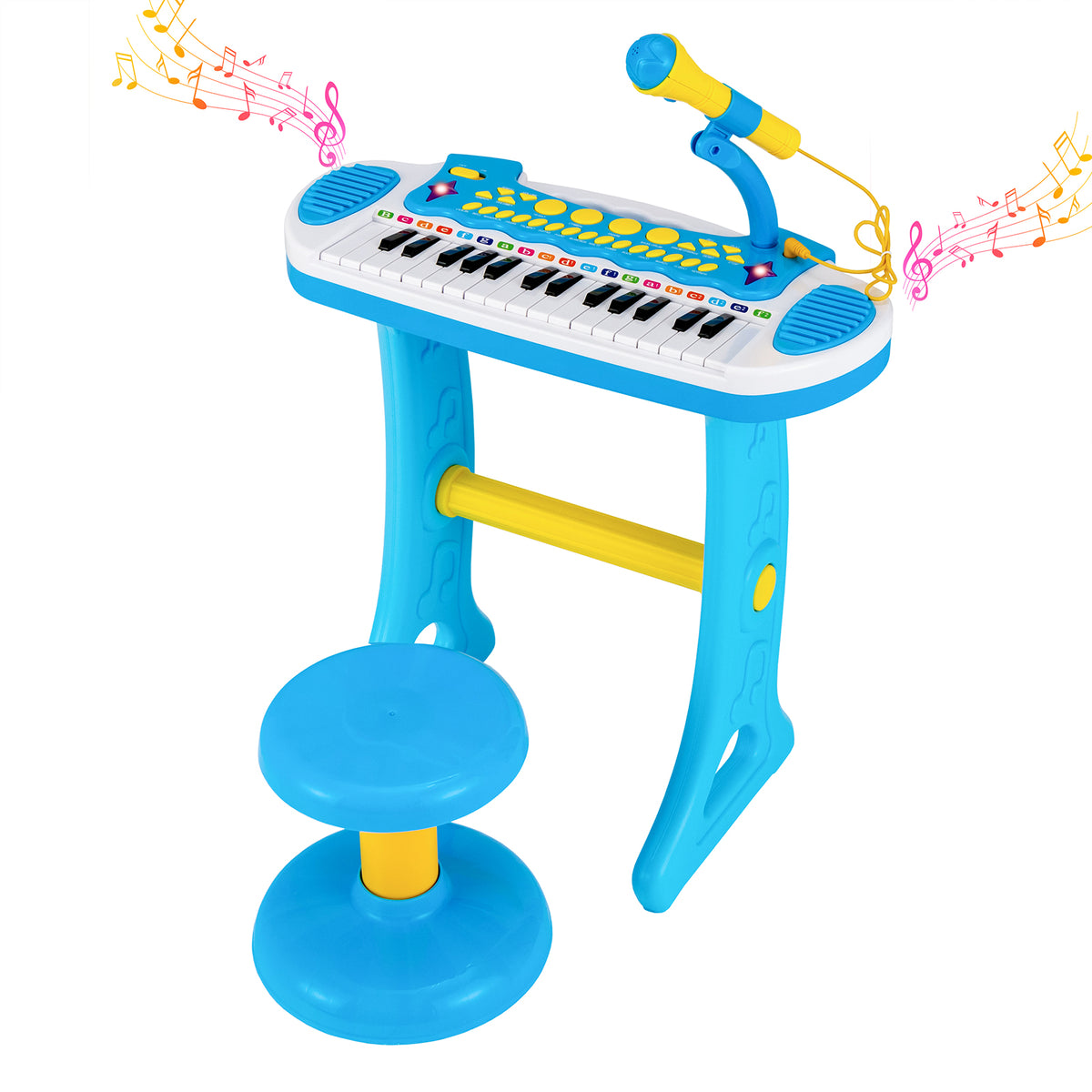 The kids electronic keyboard with a microphone and musical notes floating around it