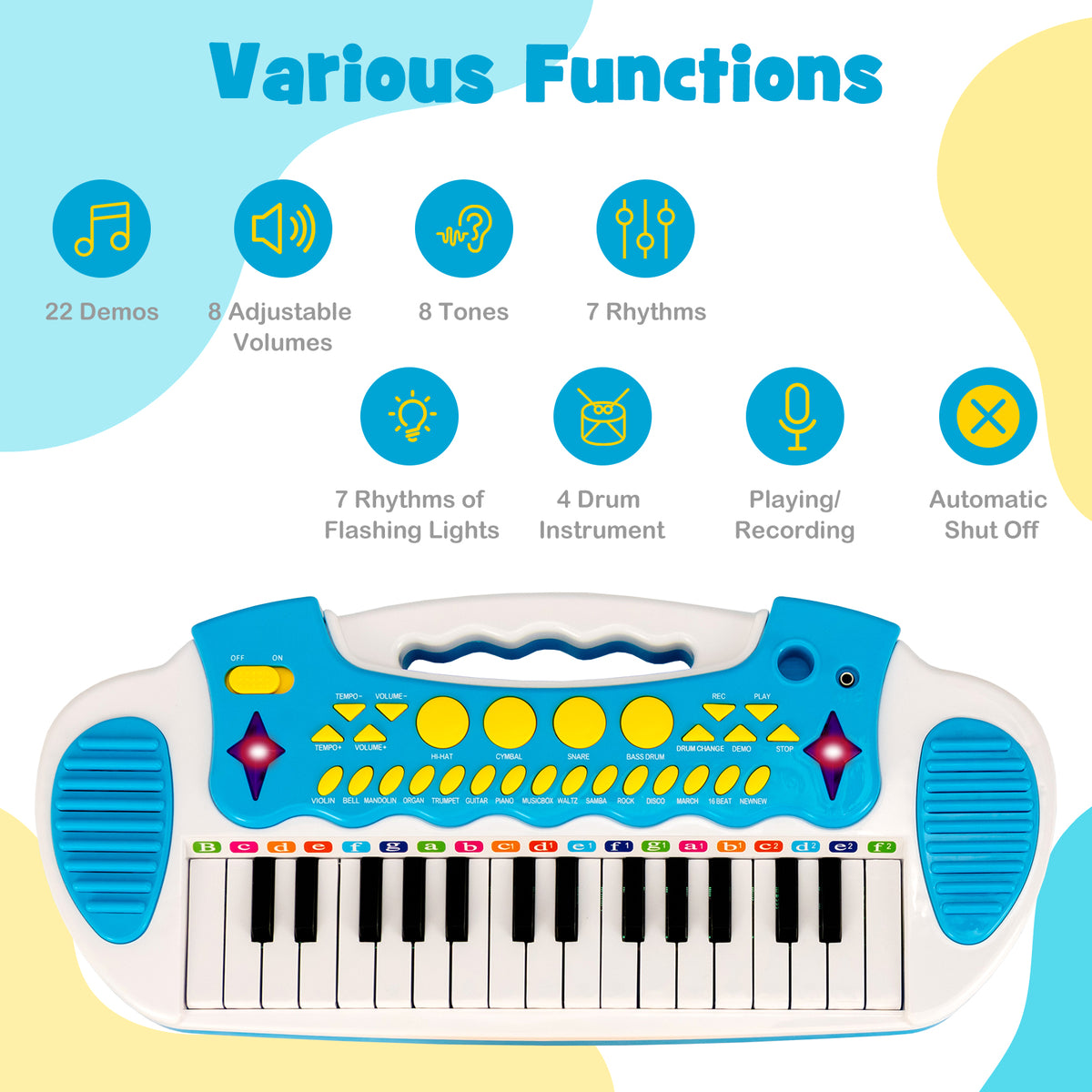 Top view of the kids electronic keyboard showing the control panel and various function buttons