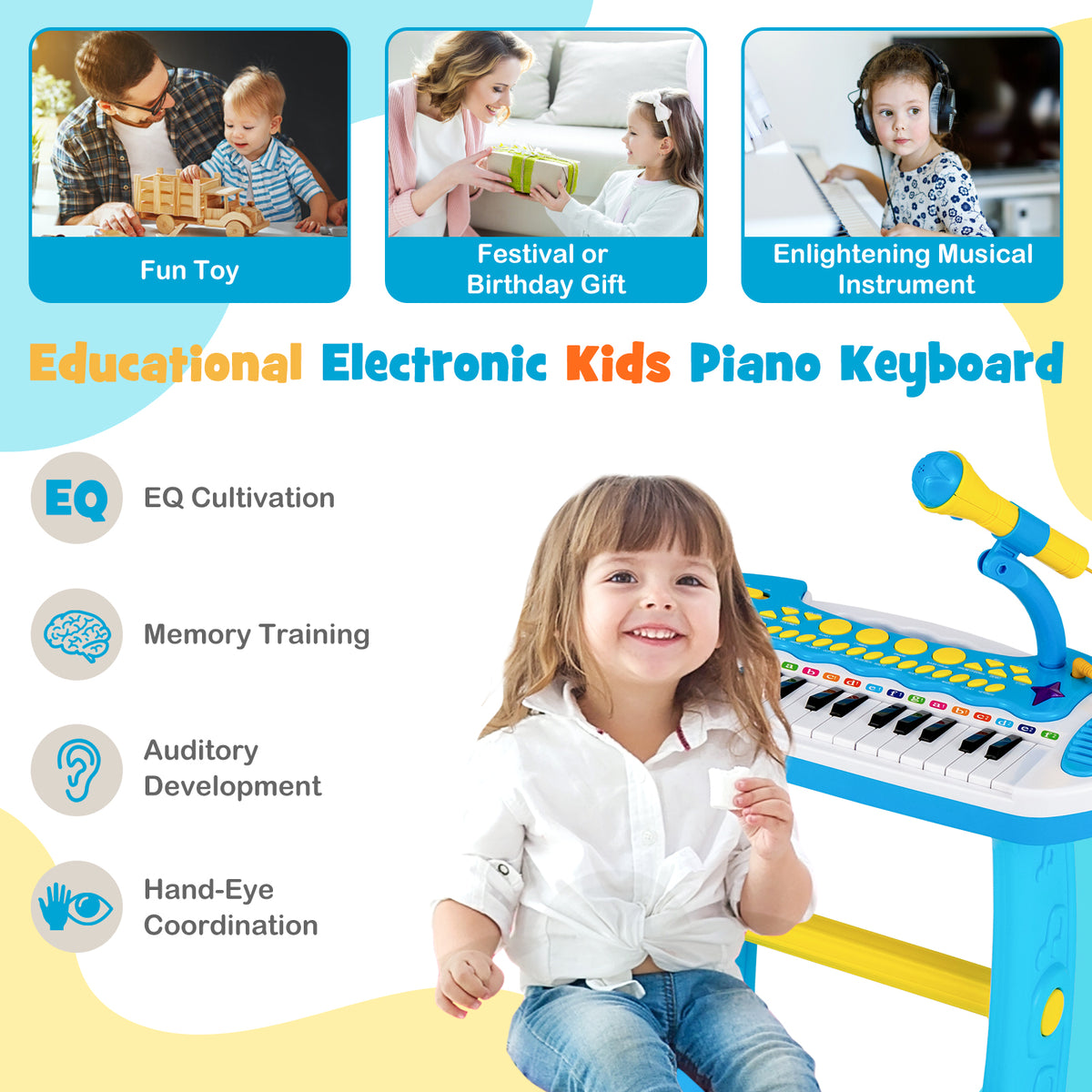 The kids electronic keyboard shown with educational benefits and icons for child development