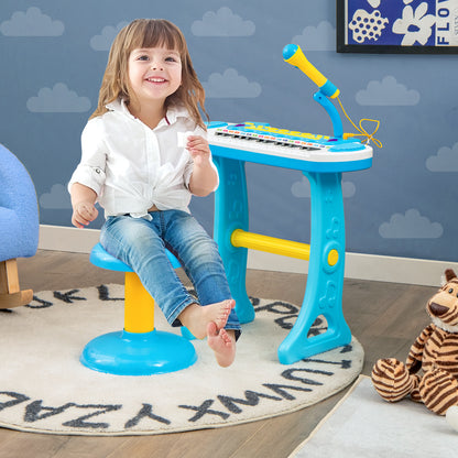 A young girl sitting on the blue stool playing the kids electronic keyboard in a bedroom