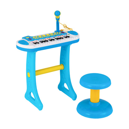 31-Key Kids Electronic Keyboard with Stool and Flashing Lights shown in blue with a microphone
