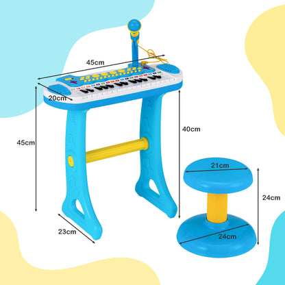 The kids electronic keyboard and stool with arrows showing the dimensions of each part