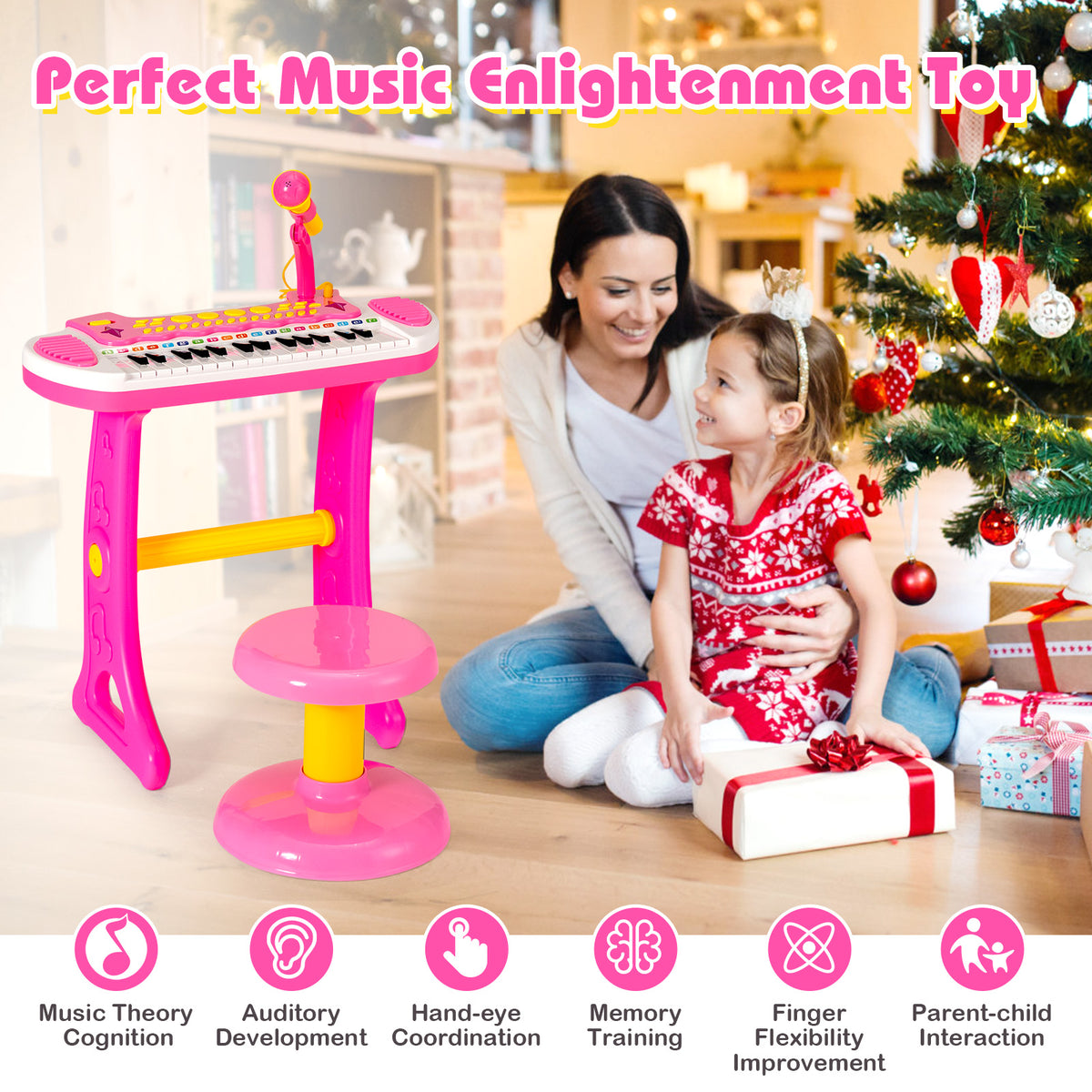 Mother and daughter enjoying the pink electronic keyboard with stool in a festive room