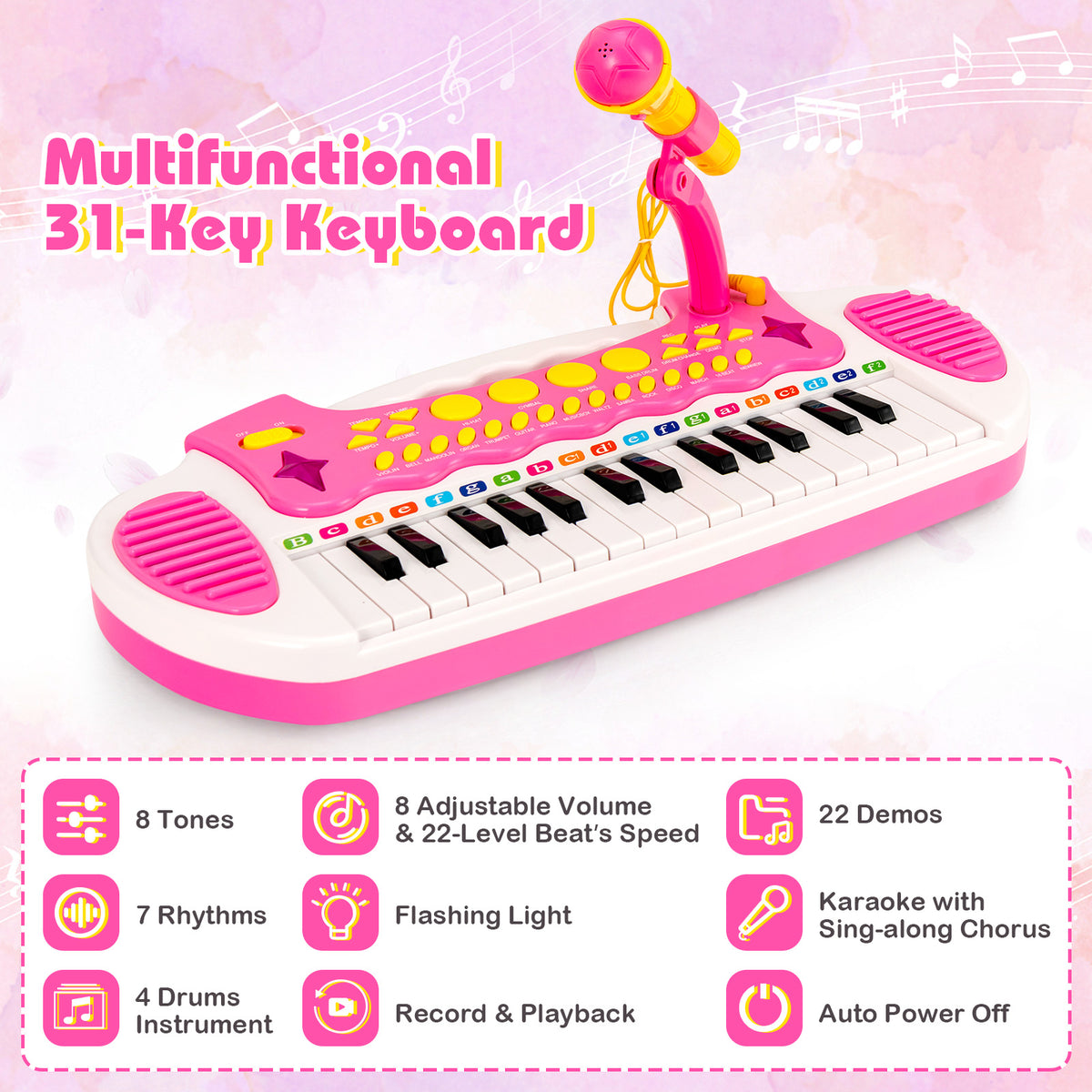 Close up of the pink electronic keyboard showing keys and controls