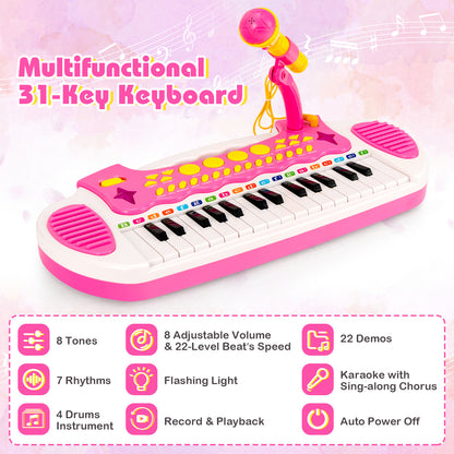 Close up of the pink electronic keyboard showing keys and controls