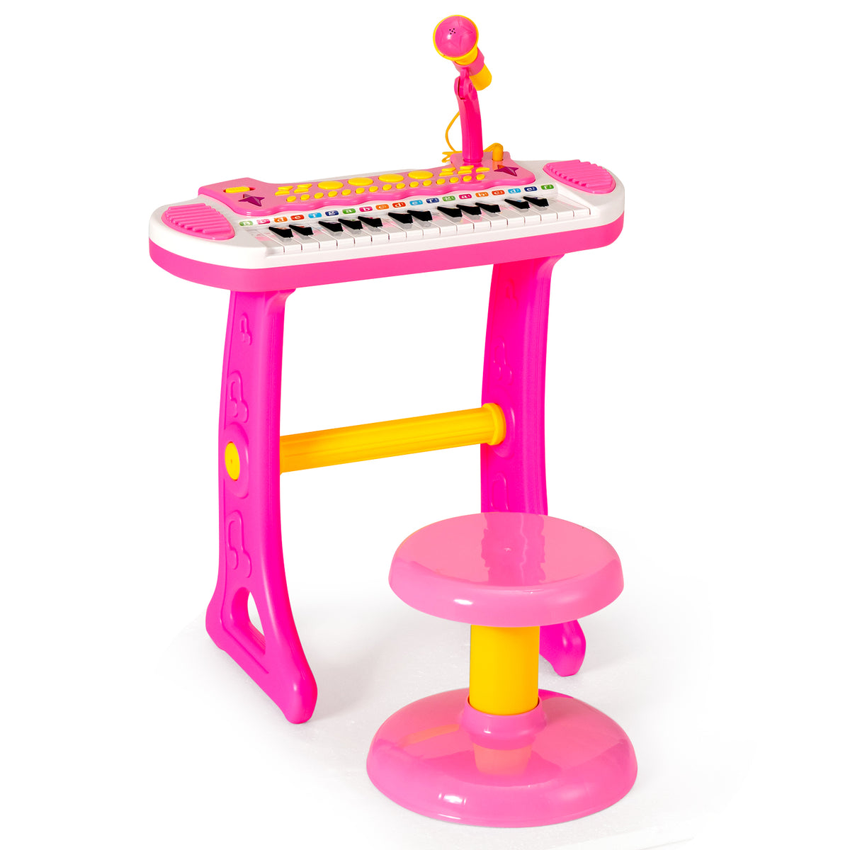31-Key Kids Electronic Keyboard with Stool and Flashing Lights in pink with a microphone and stool
