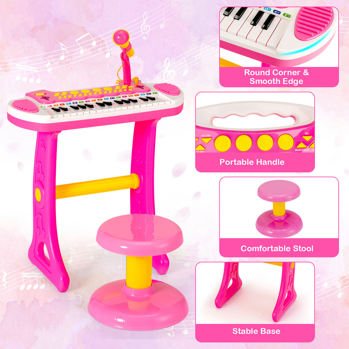 Pink electronic keyboard with stool and inset close-ups of features