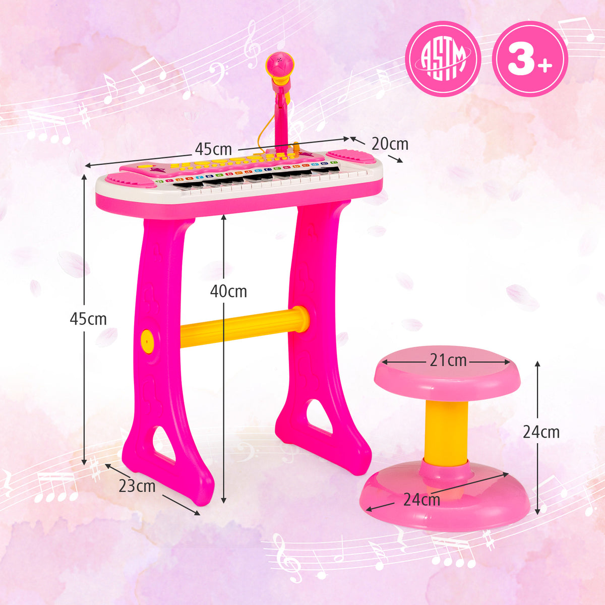 Pink electronic keyboard with stool showing dimensions for size comparison