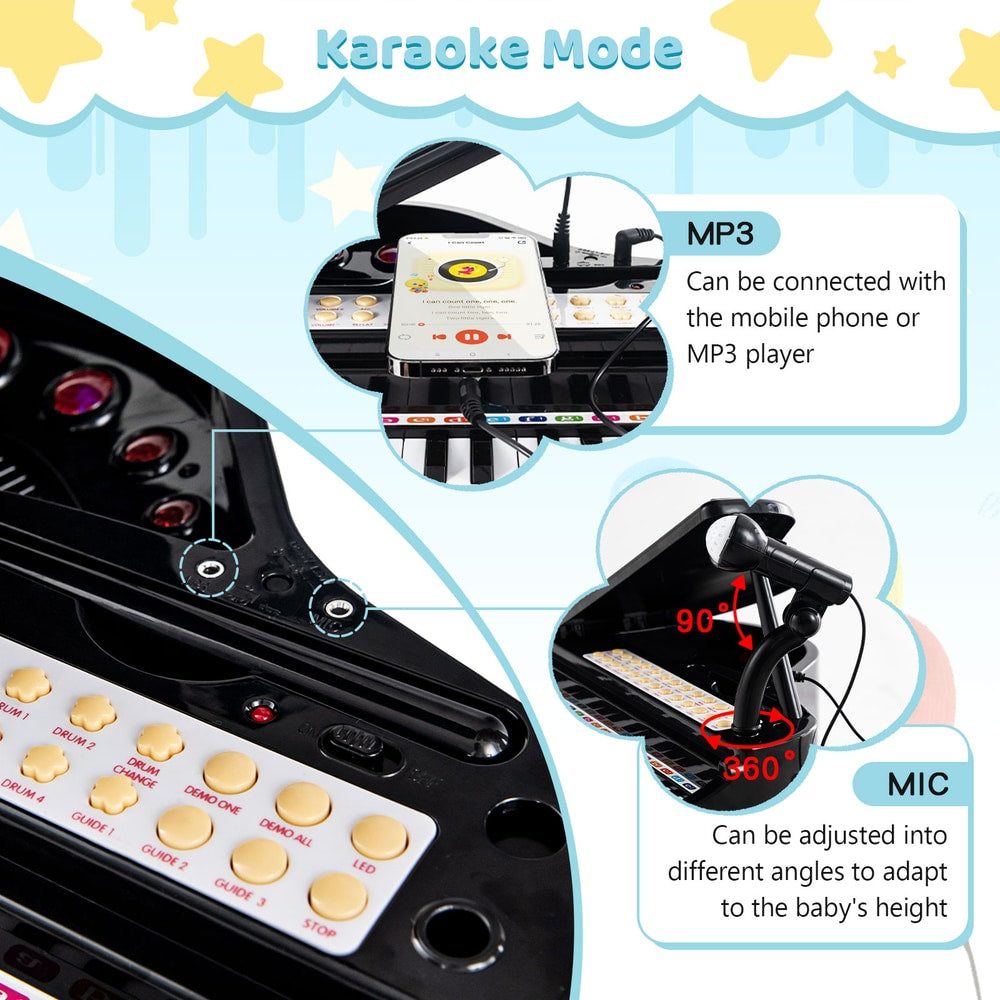 Close up of the toy piano keyboard showing the microphone and connection options