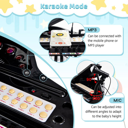 Close up of the toy piano keyboard showing the microphone and connection options
