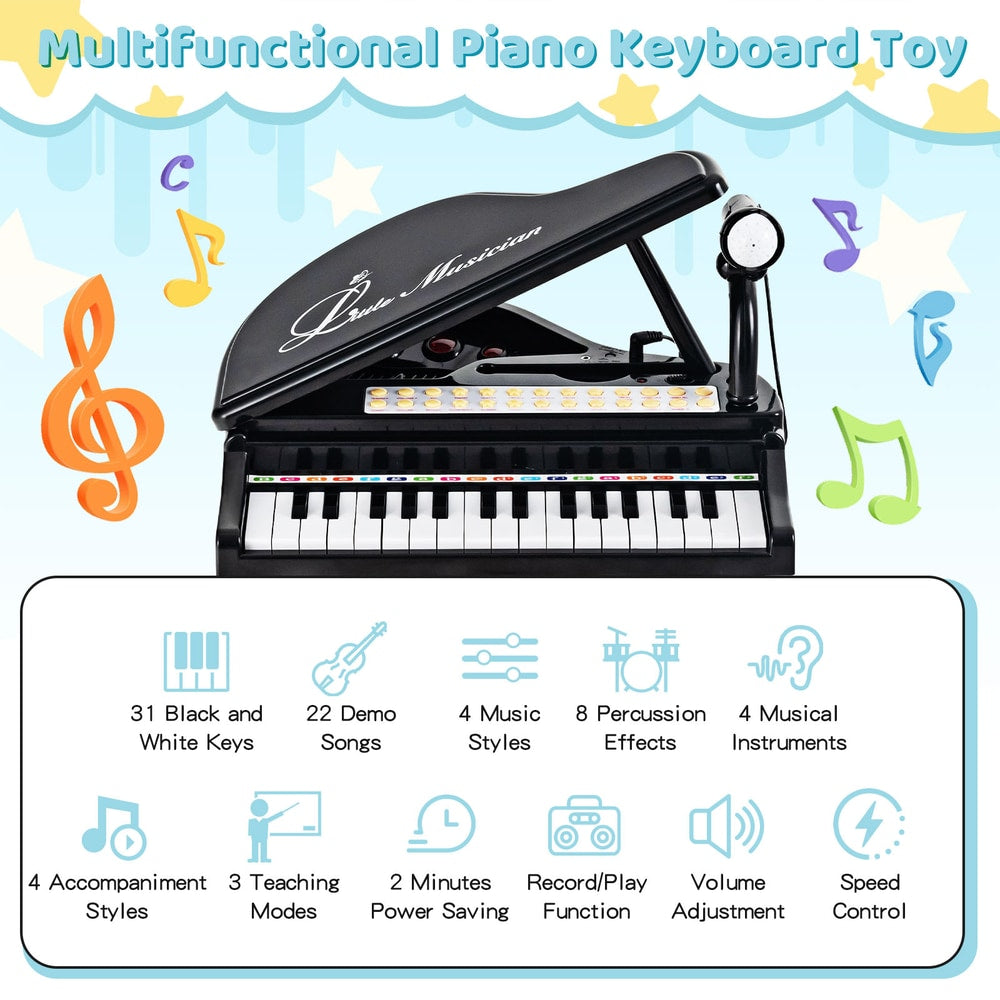 The multifunctional toy piano keyboard has 31 keys and various musical functions