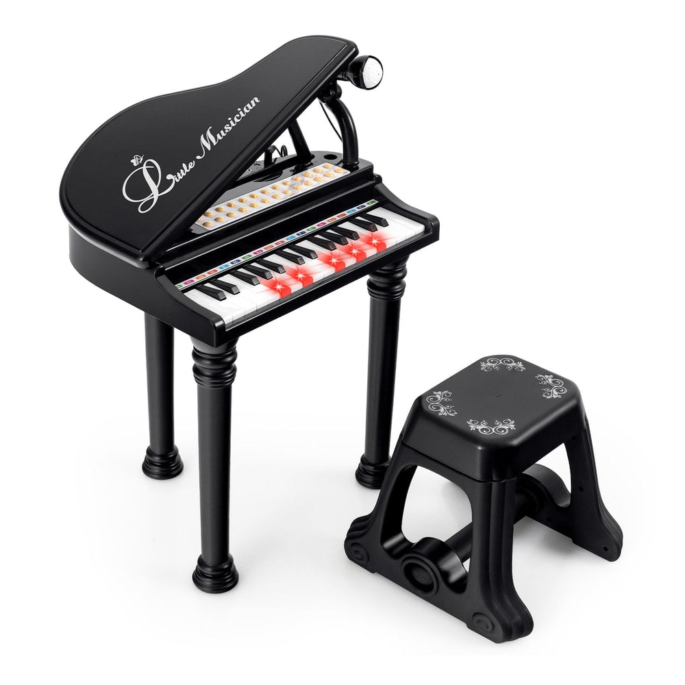 31 Keys Kids Portable Multifunctional Toy Piano with Microphone in black with a stool and microphone