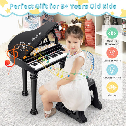 A child sits on the stool playing the black toy piano, presented as a gift for kids