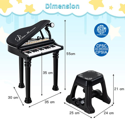 Dimensions of the black toy piano and stool with height, width and depth measurements shown