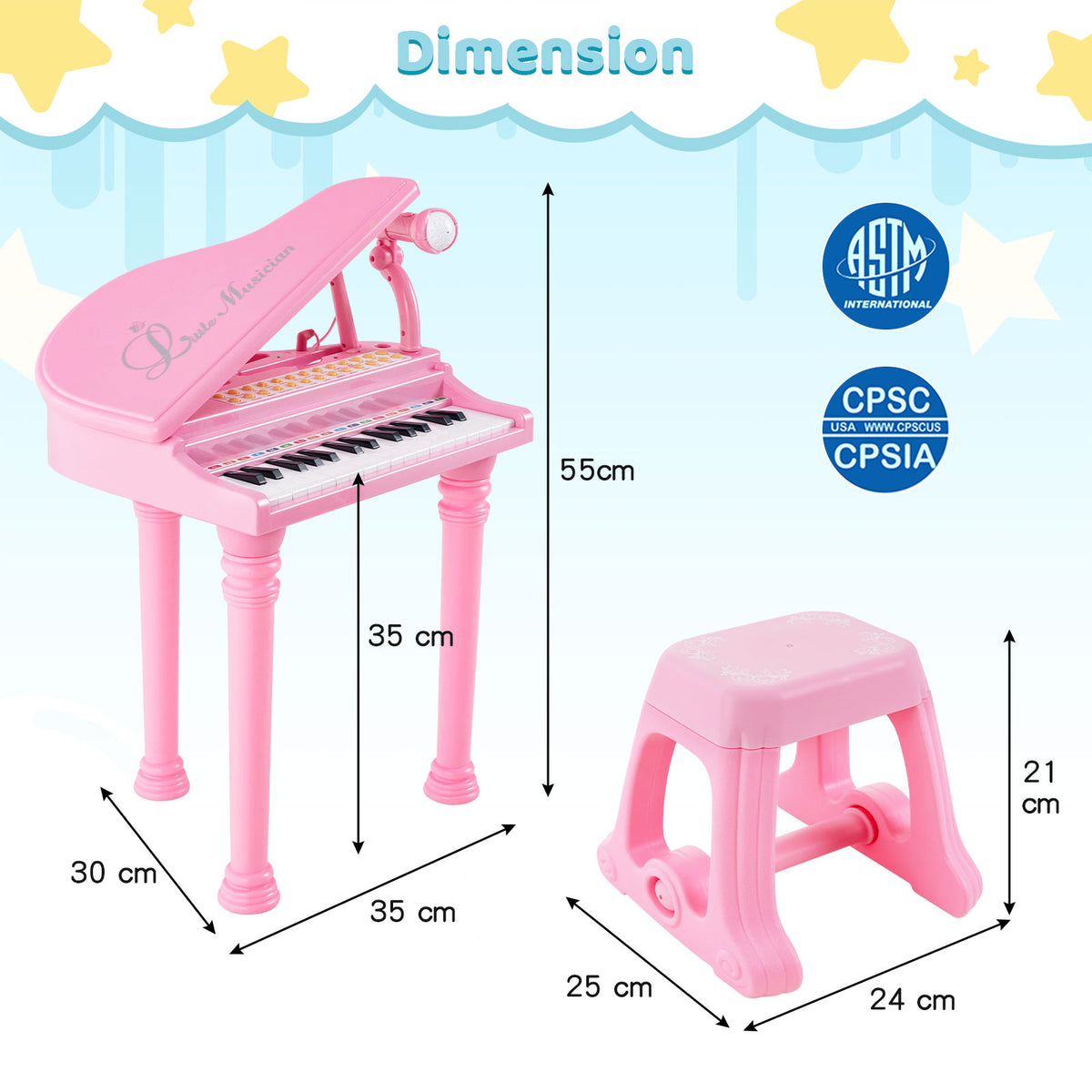 Dimension diagram of the pink toy piano and stool showing height and width measurements