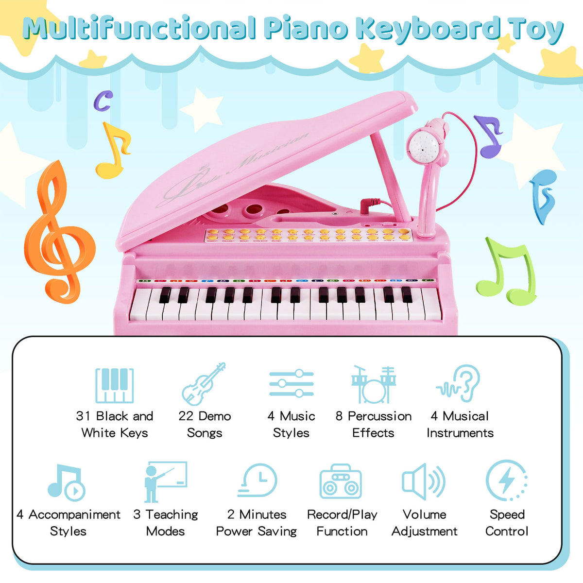 Pink multifunctional piano keyboard toy with 31 keys, microphone, and stool showing features