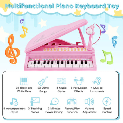 Pink multifunctional piano keyboard toy with 31 keys, microphone, and stool showing features