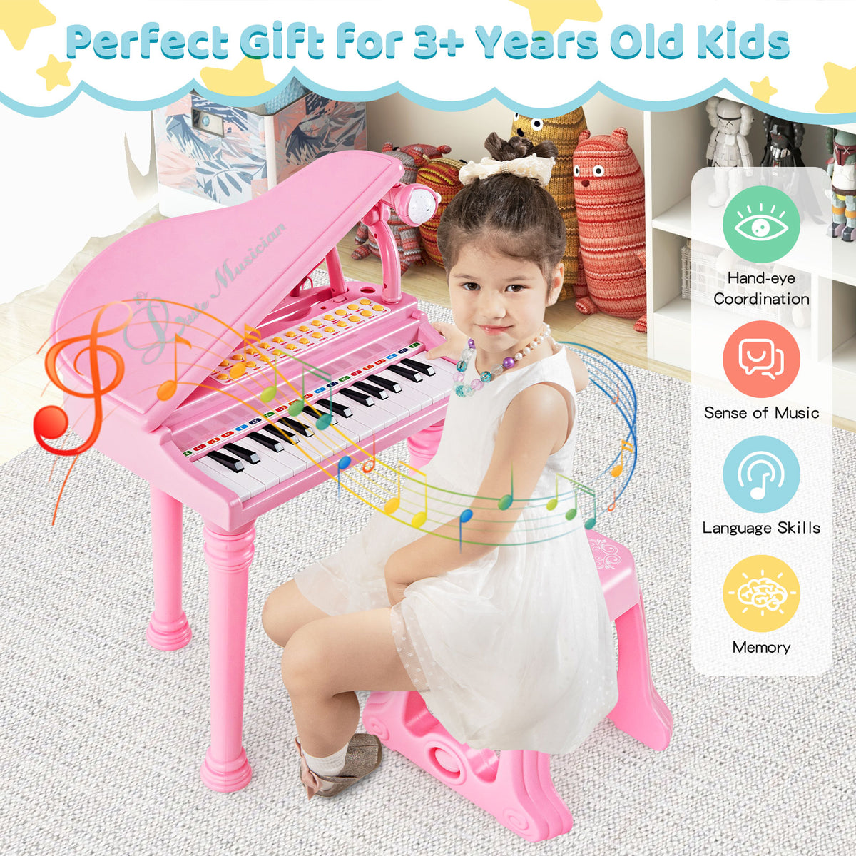 A young girl sits at the pink toy piano with microphone and stool, with text about benefits