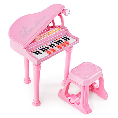 31 Keys Kids Portable Multifunctional Toy Piano with Microphone in pink with a matching stool and microphone