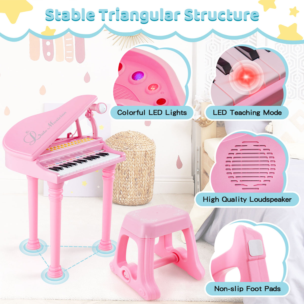 Close-up views of the pink toy piano and stool highlighting LED lights and speaker