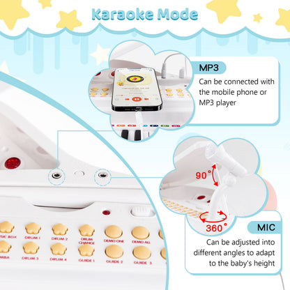 Close up of the toy piano showing karaoke mode connection and adjustable microphone