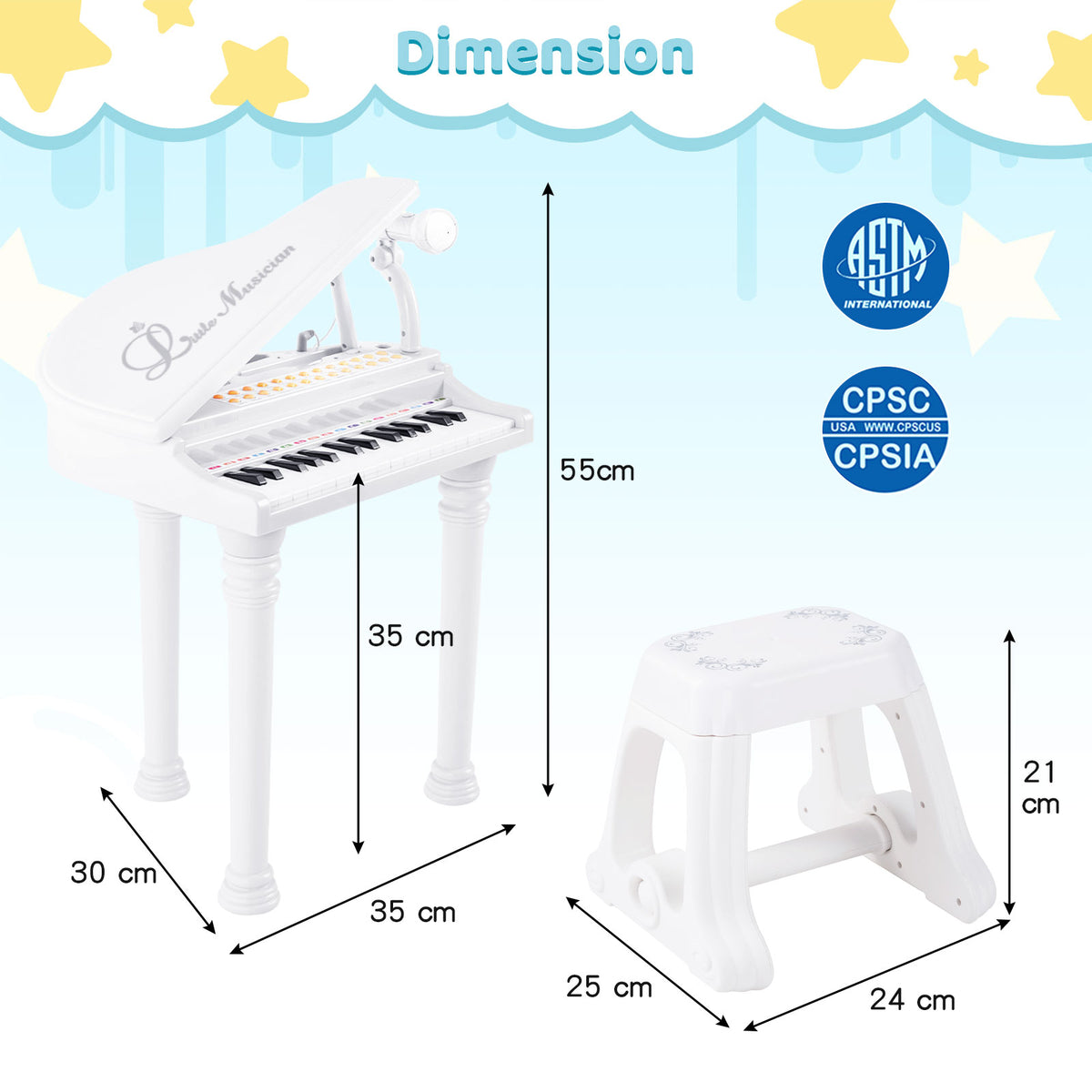 Dimensions of the white toy piano and stool with height and width measurements shown