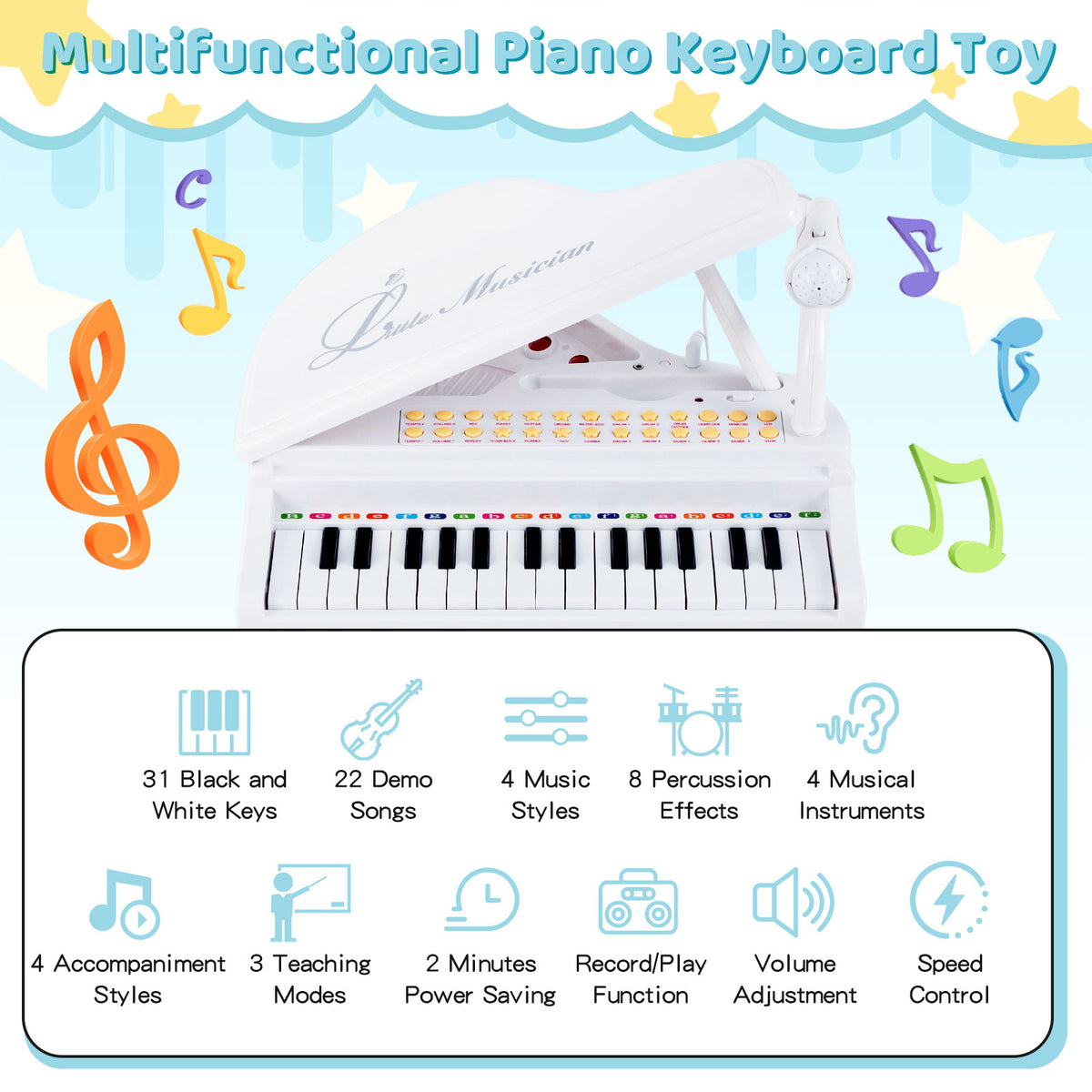 Features of the multifunctional piano keyboard toy including keys, demo songs and sound effects