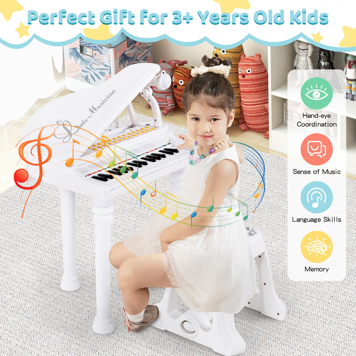 A child sits at the toy piano, with musical notes overlay, highlighting benefits for kids