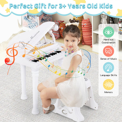 A child sits at the toy piano, with musical notes overlay, highlighting benefits for kids