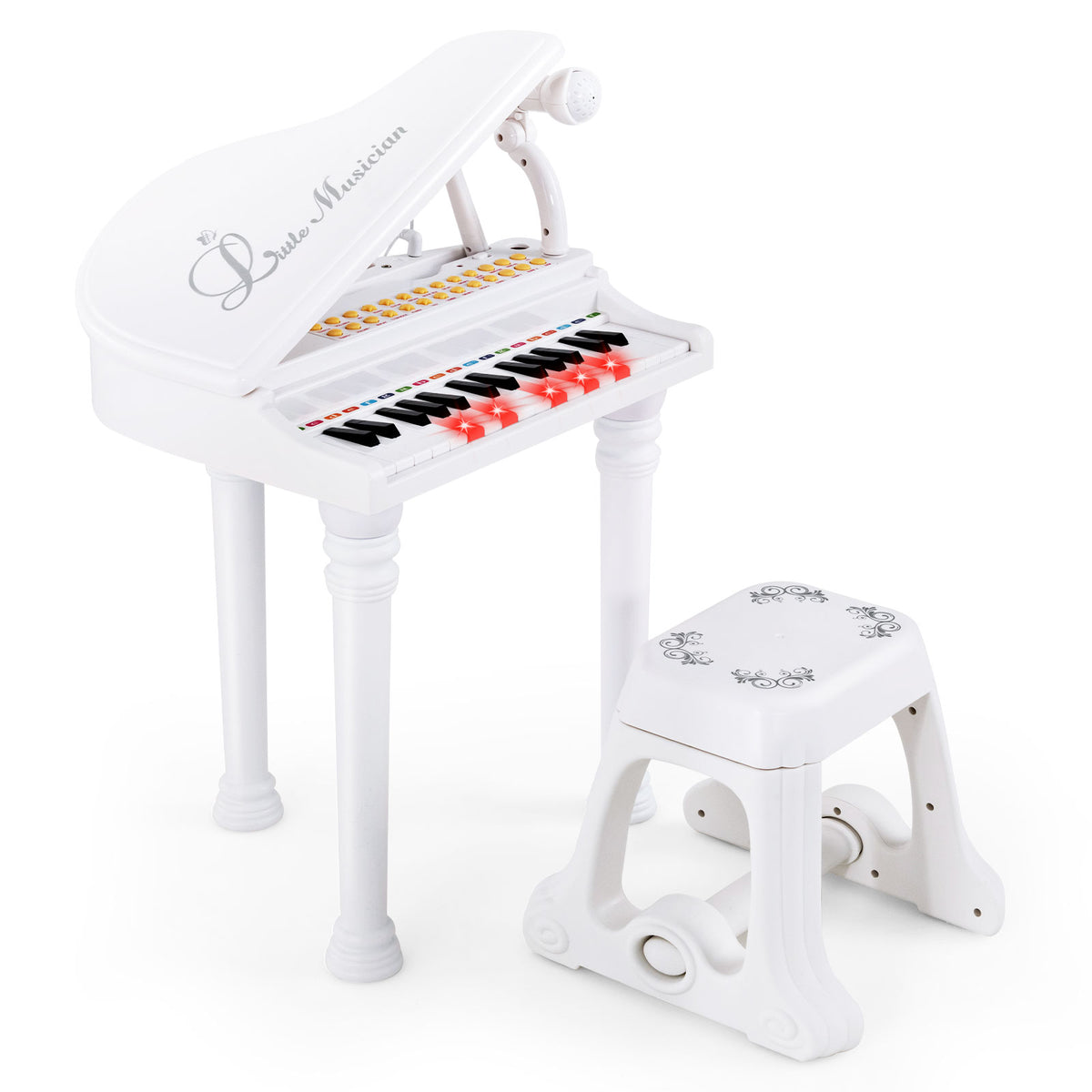 31 Keys Kids Portable Multifunctional Toy Piano with Microphone in white with a stool and microphone
