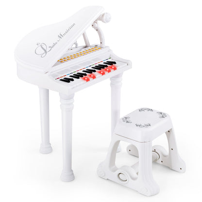 31 Keys Kids Portable Multifunctional Toy Piano with Microphone in white with a stool and microphone