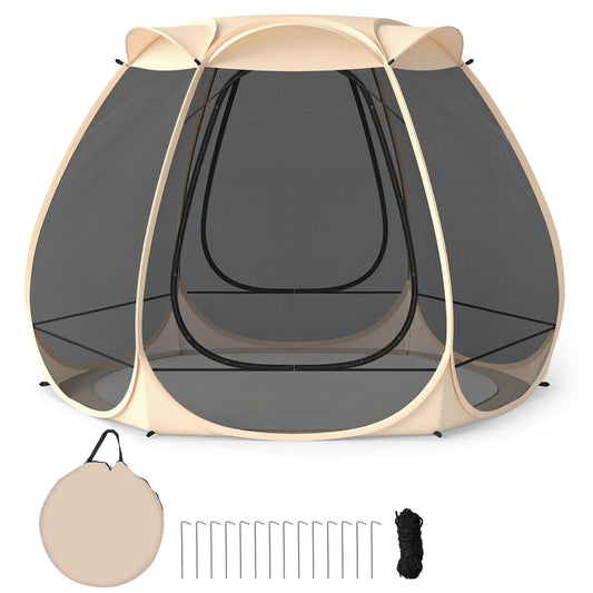 Foldable Outdoor Screened Camping Tent Gazebo-Sand Color with carry bag, stakes and ropes