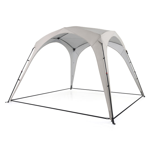 Pop up Camping Tent with Silver-coated Oxford Fabric, a beige canopy structure with a black frame