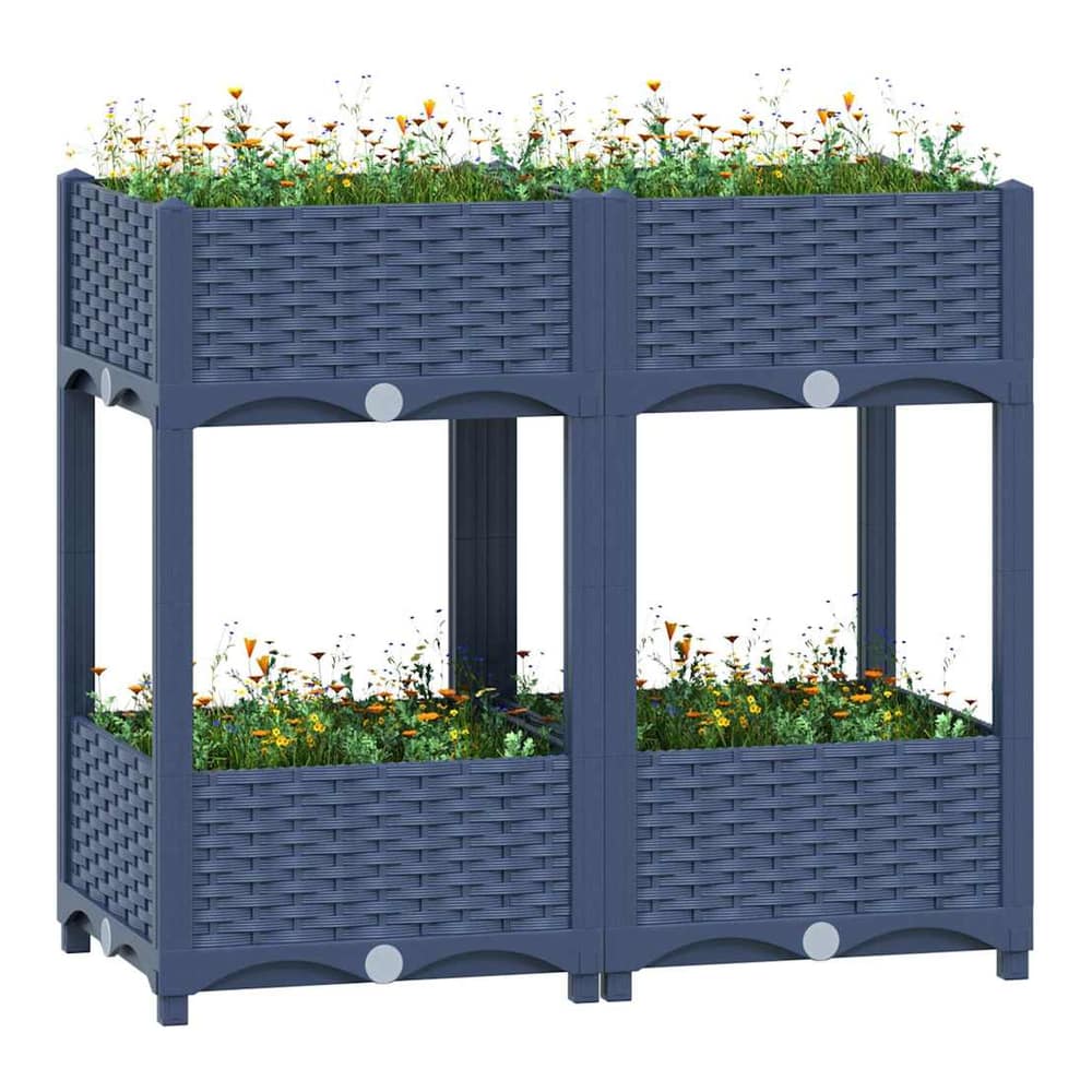Raised Bed with plants in a grey woven plastic frame, showing two stacked units