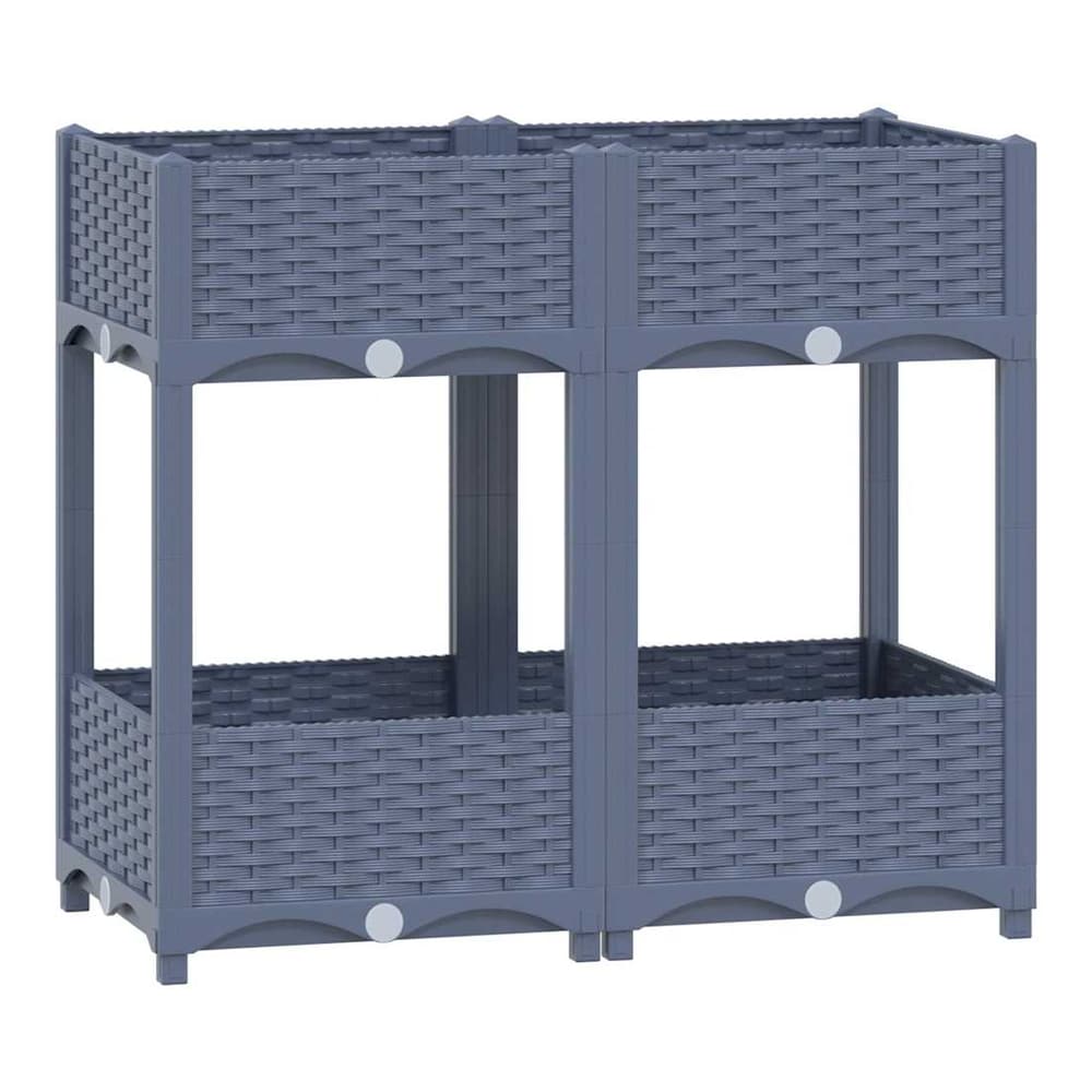 Two grey plastic raised garden beds stacked, showing the woven texture