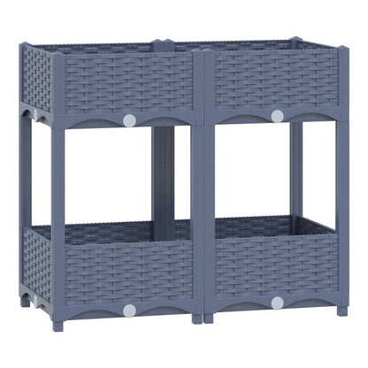 Two grey plastic raised garden beds stacked, showing the woven texture