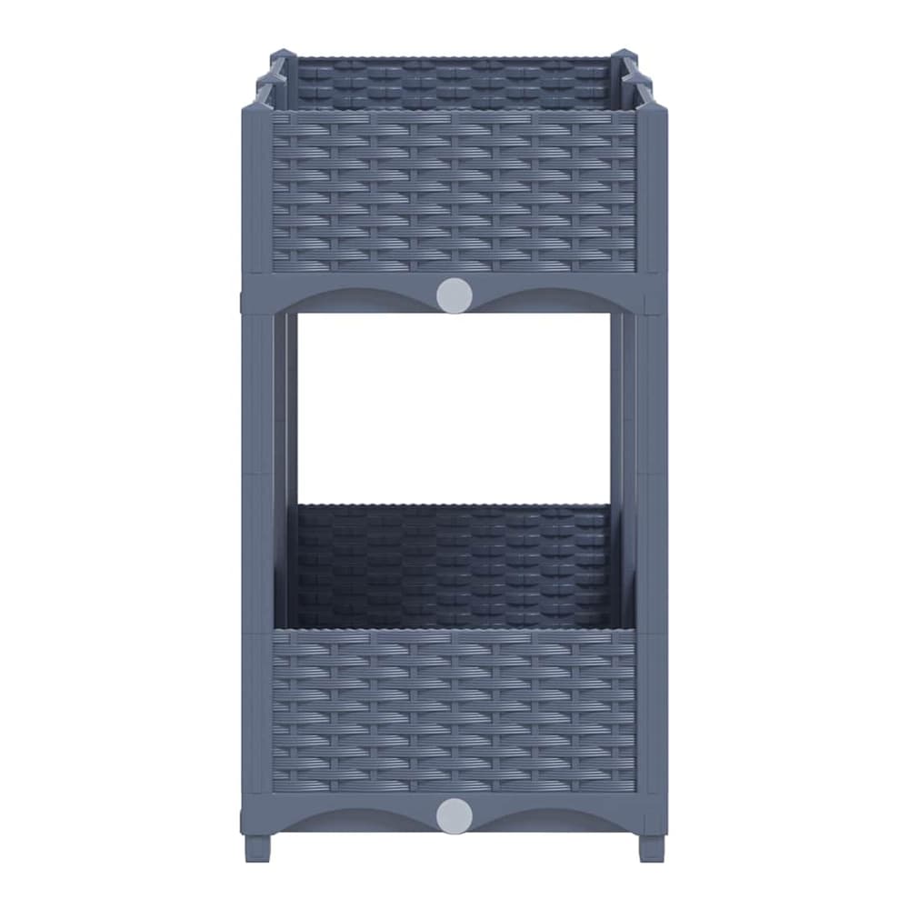 A single grey plastic raised garden bed unit, showing the woven texture and open middle section