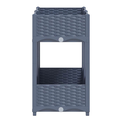 A single grey plastic raised garden bed unit, showing the woven texture and open middle section