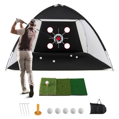 The golf practice net with a golfer in mid swing and the hitting mat and balls in front