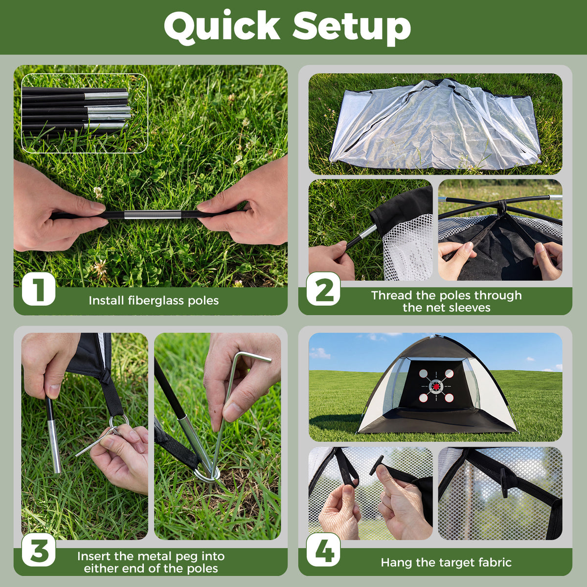 The golf practice net showing four steps for assembly including poles and target fabric