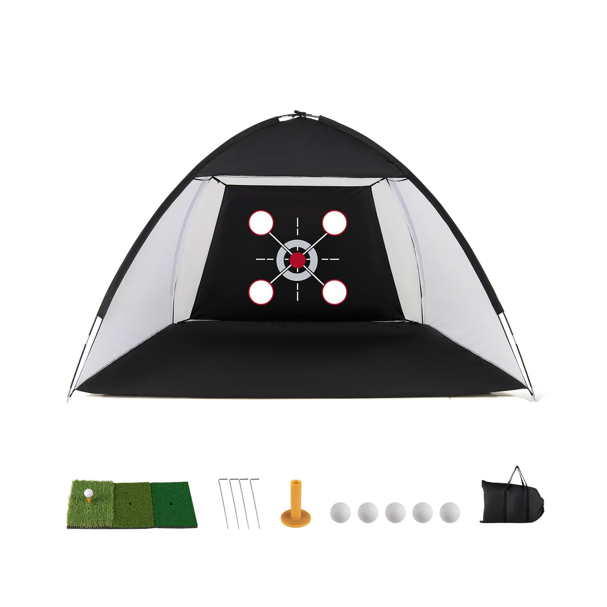 Golf Practice Net with Foldable Tri-Turf Mat shown with all included accessories and carry bag