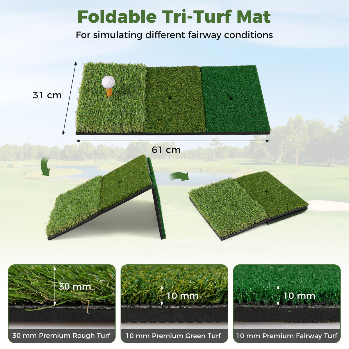 The foldable tri-turf mat showing different grass textures and folding capabilities