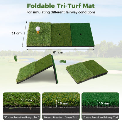 The foldable tri-turf mat showing different grass textures and folding capabilities