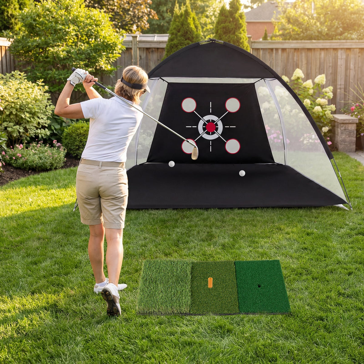 The golf practice net placed on a lawn with a golfer swinging a club towards the target