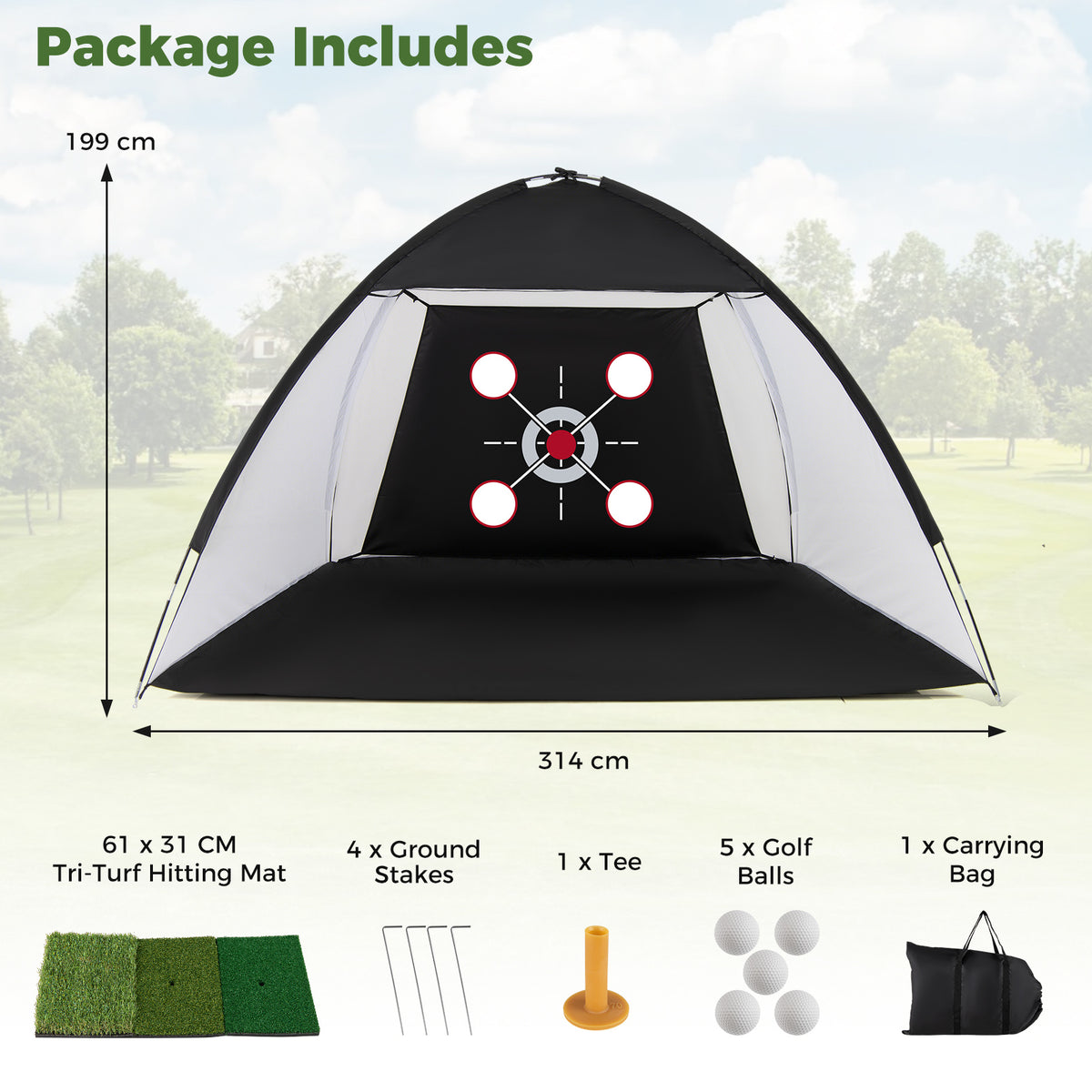 The golf practice net with labels showing the dimensions and all the components included