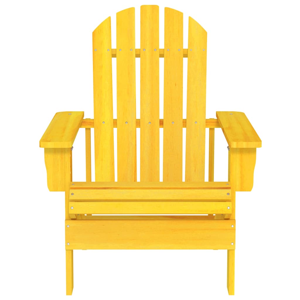 The yellow outdoor chair from the front, showing its slatted back and wide armrests