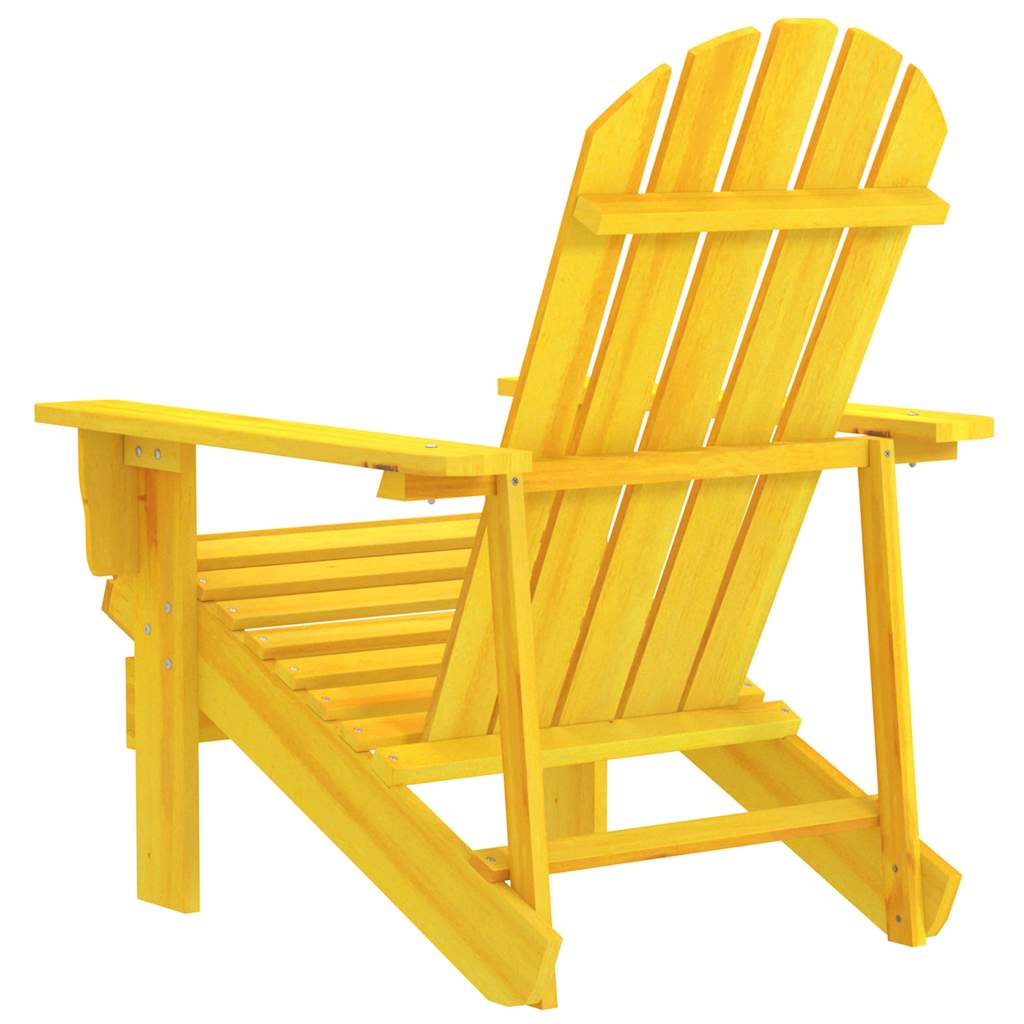The yellow outdoor chair from the rear, revealing its slatted construction and supporting frame
