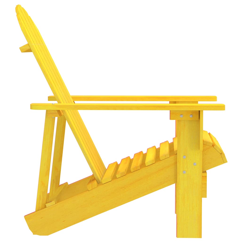 The yellow outdoor chair from the side, highlighting its angled back and sturdy legs