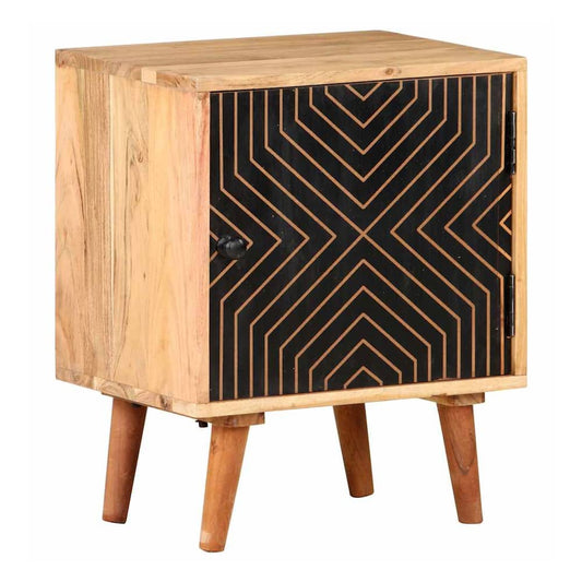 The bedside cabinet with a geometric patterned door and wooden legs